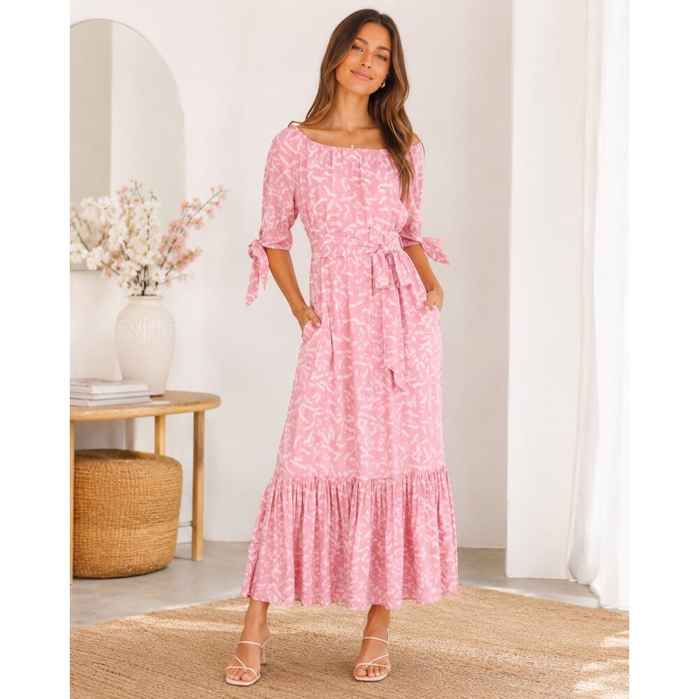 MIRTH Handmade Pink Abstract Print Belted Maxi Dress XS - Picture 3 of 8